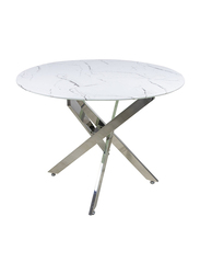 Vanity Living Dining Table With Wooden Marble Effect Top, White