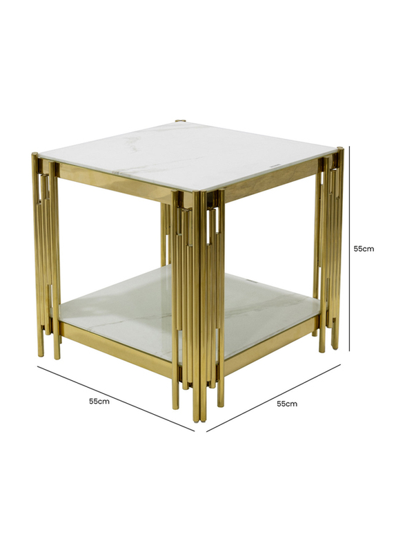 Vanity Living Side Table Artificial White Marble Glass Top End Table Sofa Table With Stainless Steel Base, Gold