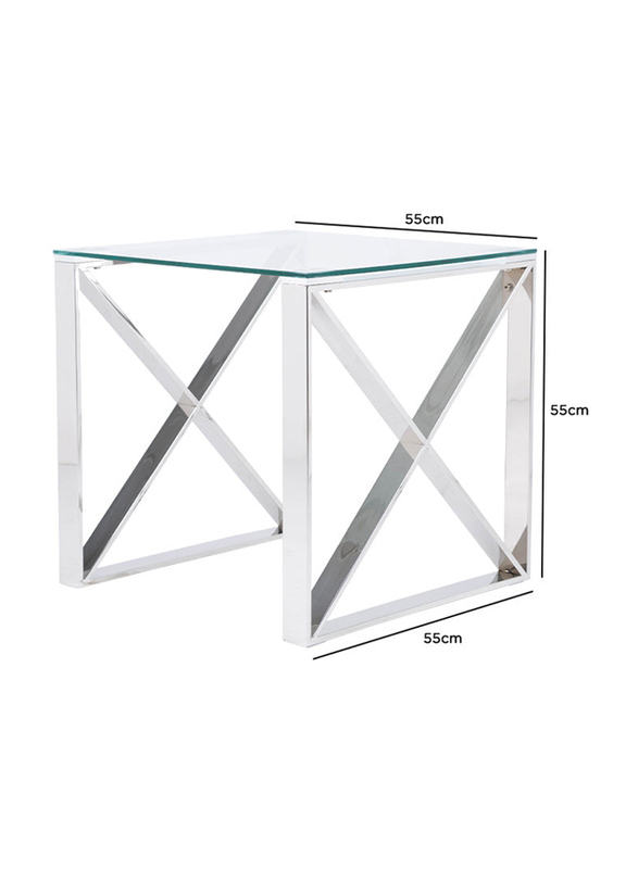 Vanity Living Accent Side Table with Tempered Glass Tabletop, Silver