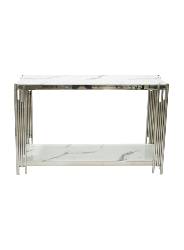 Vanity Living Console Table With Chrome Stainless Steel Base And Artificial White Marble Glass Top, White