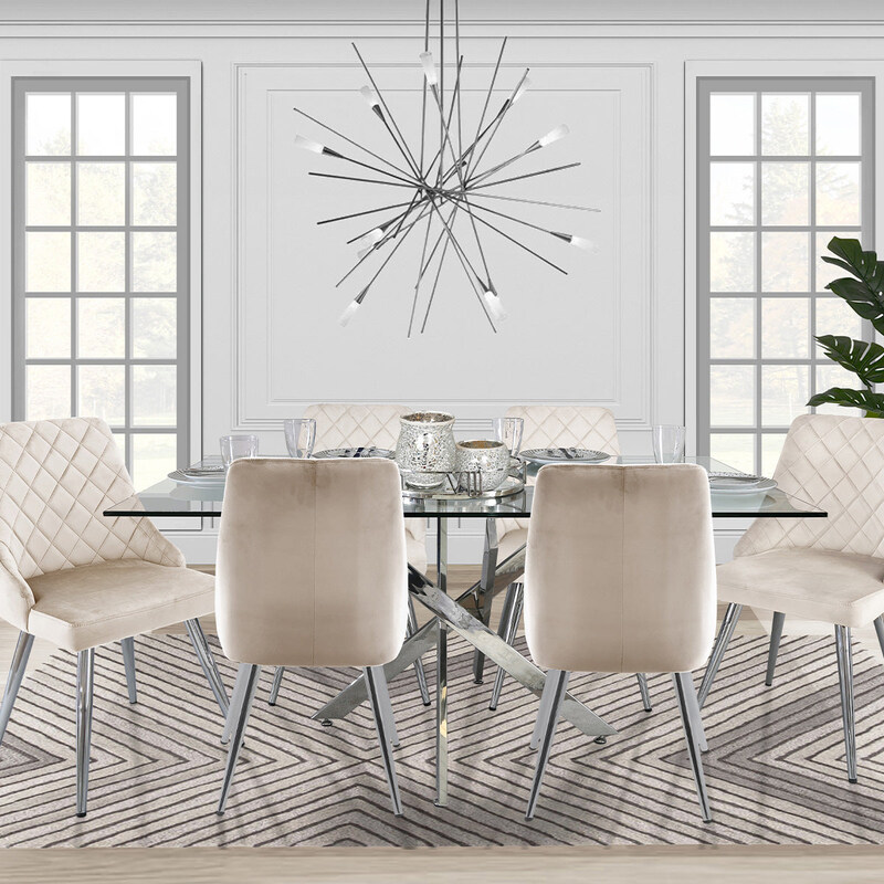 

Vanity Living 7-Piece Modern Davos Chrome Frame and Glass Top Dinner Breakfast Large Dining Table Set, Cream