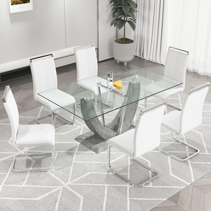 

Vanity Living 7-Piece Large Chrome Wood Dining Table, White/Clear