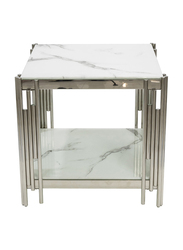 Vanity Living Side Table Artificial White Marble Glass Top End Table Sofa Table With Stainless Steel Base, Silver