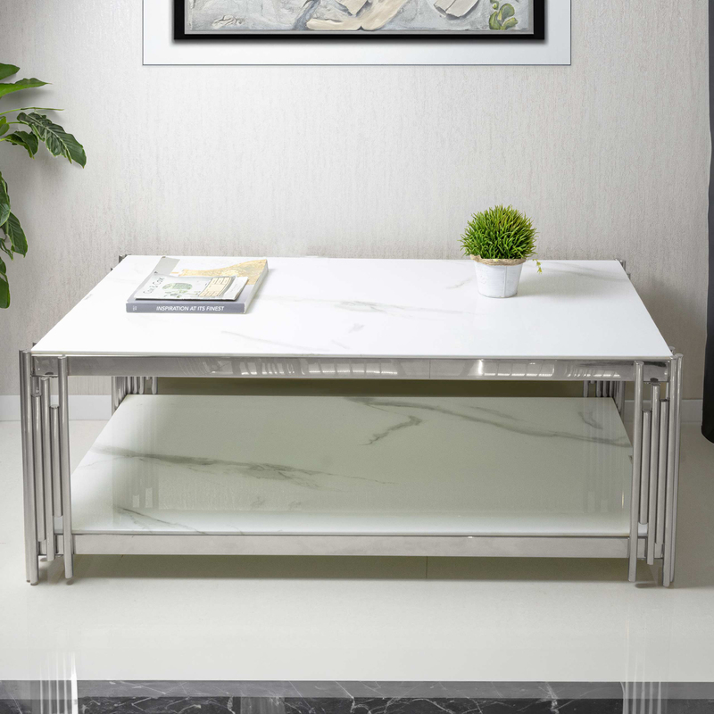 Vanity Living Large Coffee Table With Chrome Stainless Steel Legs & Extra Shelf Space, White