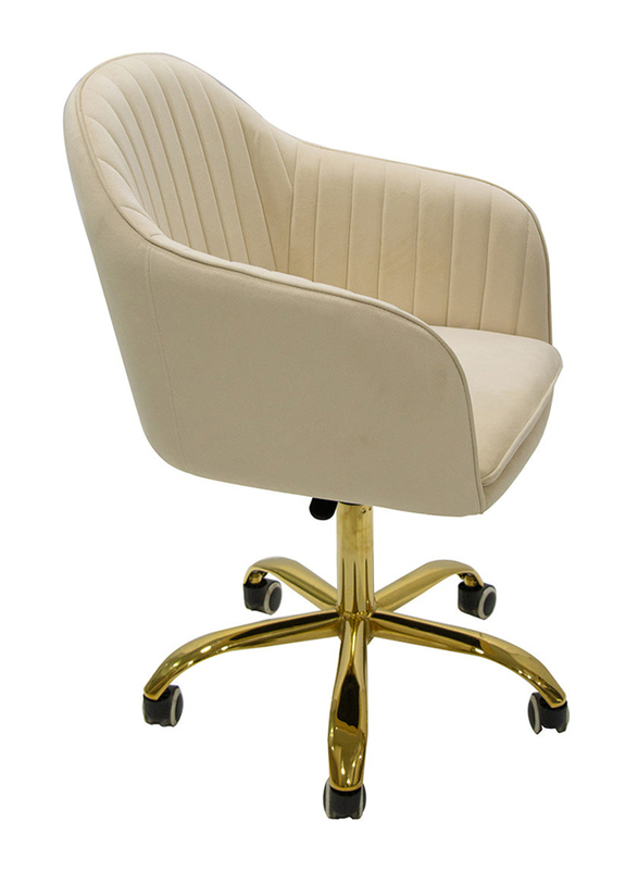 Vanity Living Velvet Height Adjustable Swivel Office Chair with Armrests and Back Support for Office Furniture, Cream/Gold