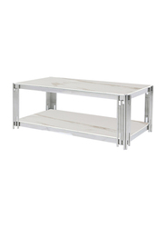 Vanity Living Large Coffee Table With Chrome Stainless Steel Legs & Extra Shelf Space, White