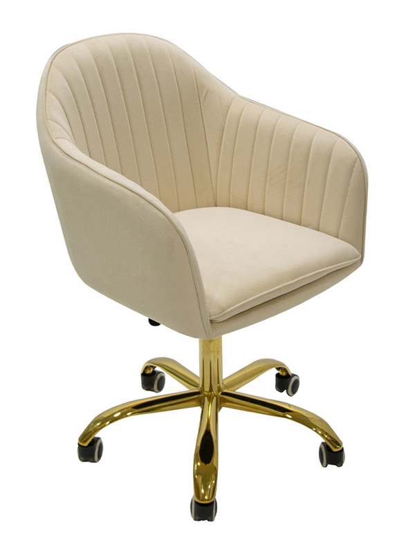 Vanity Living Velvet Height Adjustable Swivel Office Chair with Armrests and Back Support for Office Furniture, Cream/Gold