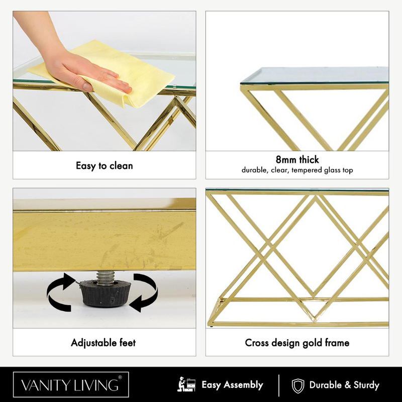 Vanity Living Porto Modern Tempered Glass Top with Sturdy Stainless Steel Frame Console Table, Gold