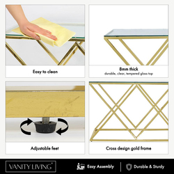 Vanity Living Porto Modern Tempered Glass Top with Sturdy Stainless Steel Frame Console Table, Gold