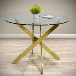 Clear Tempered Glass Top & Sturdy Stainless Steel Frame Round Dining Room Dinner Table, Gold