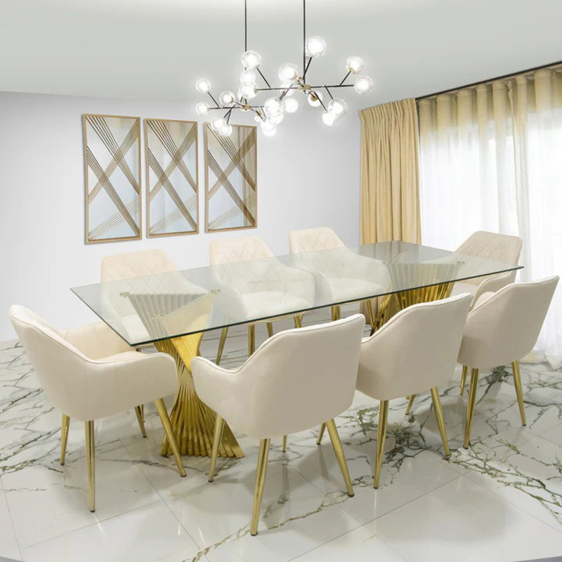 Vanity Living Dining Room Extra Large Dinner Table with Tempered Glass Top, Gold