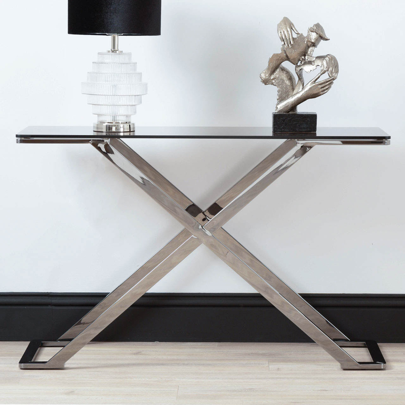 Vanity Living Nerano Stainless Steel Frame and Tempered Glass Top Console Table, 120cm, Silver