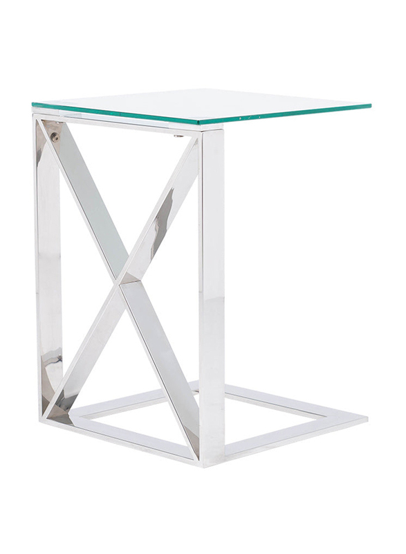 Vanity Living Madrid C Shaped Side Table with X-Shaped Design Metal Frame & Tempered Glass Tabletop for Living Room Furniture, 55cm, Chrome