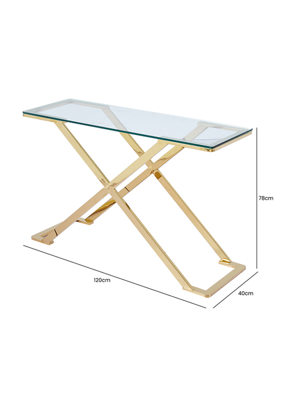 Vanity Living Nerano Stainless Steel Frame and Tempered Glass Top Console Table, 120cm, Gold