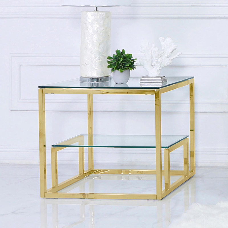 Vanity Living Lazzaro Large Tempered Glass Tabletop and Modern 2-Tier Sturdy Stainless Steel Frame Accent Side Table, Gold