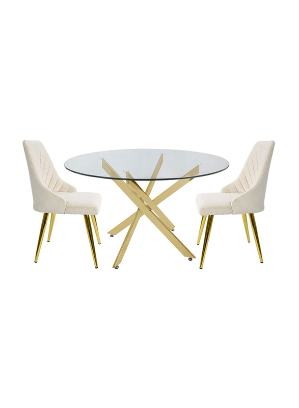 Modern Davos Gold Stainless Steel Frame Clear Glass Top Dinner Table with 2 Velvet Dining Chairs for Kitchen and Dining Room, 3 Pieces, Cream/Gold