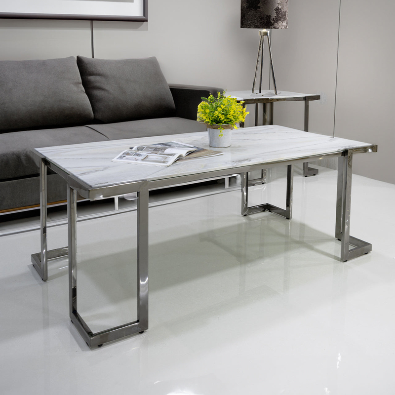 Vanity Living Sepano Coffee Table with Gunmetal Stainless Steel Centre and Marble Glass Top, Multicolour