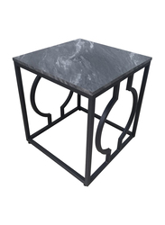 Vanity Living Side Table with Wooden Top Marble Textured End Design with Metal Base, Black