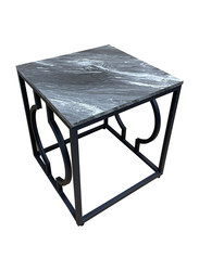 Vanity Living Side Table with Wooden Top Marble Textured End Design with Metal Base, Black