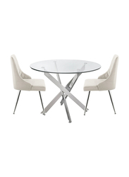 Modern Davos Chrome Frame Glass Top Dinner Table with 2 Velvet Dining Chairs for Kitchen and Dining Room, 3 Pieces, Cream/Chrome