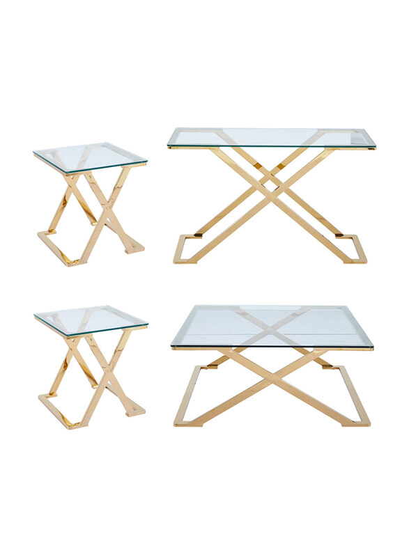 

Vanity Living Modern Gold Finish Metal Console & Coffee Table with 2 Side Tables for Drawing Room, 4 Pieces, Clear/Gold