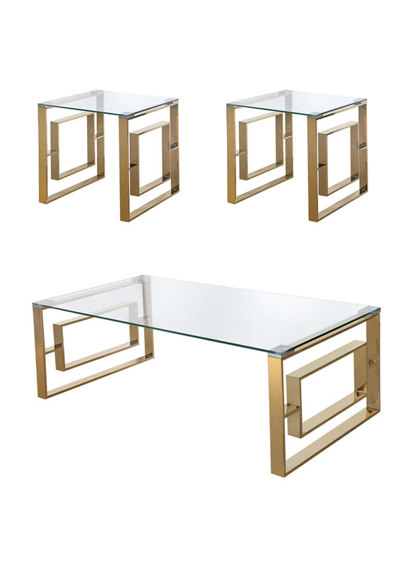 

Generic Modern Gold Finish Metal Centre Coffee Table with 2 Side Tables for Drawing Room, 3 Pieces, Clear/Gold