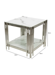 Vanity Living Side Table Artificial White Marble Glass Top End Table Sofa Table With Stainless Steel Base, Silver