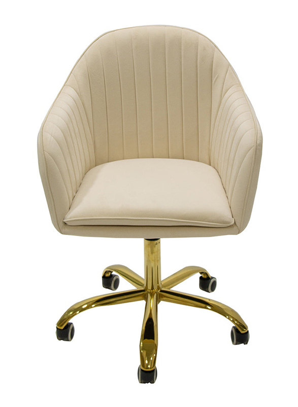 Vanity Living Velvet Height Adjustable Swivel Office Chair with Armrests and Back Support for Office Furniture, Cream/Gold