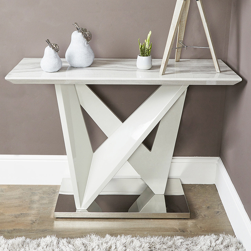 Vanity Living Modern Style Wood Console Bergamo Marble Finish Table with Metallic Base, 110cm, White