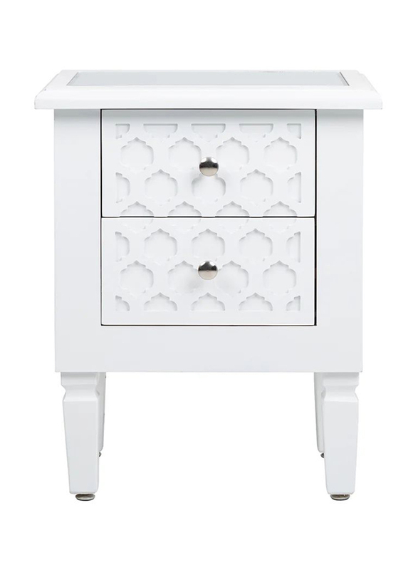 Vanity Living 2 Drawers Modern Marrakech Wood Mirrored Top Nightstand Bed Cabinet, Storage Sofa Side Bedside Table for Living & Bedroom, White