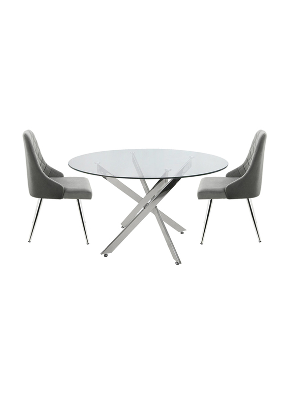 Modern Davos Chrome Frame Glass Top Dinner Table with 2 Velvet Dining Chairs for Kitchen and Dining Room, 3 Pieces, Grey/Chrome