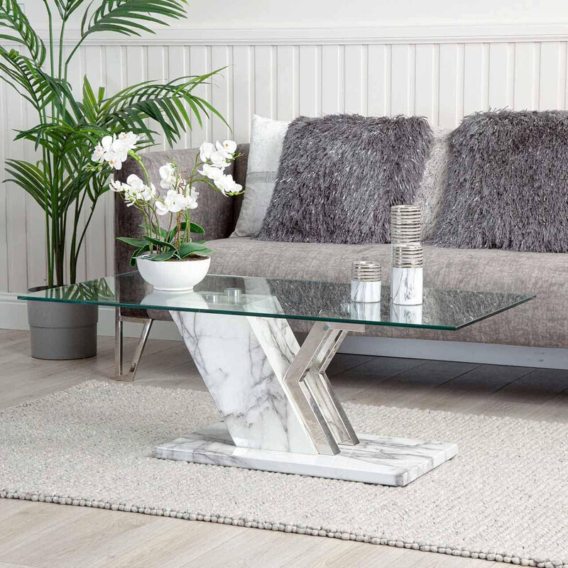 

Vanity Living 120cm Marble Finish Centre Coffee Table with Glass Tabletop & Metallic Base for Living Room, Clear