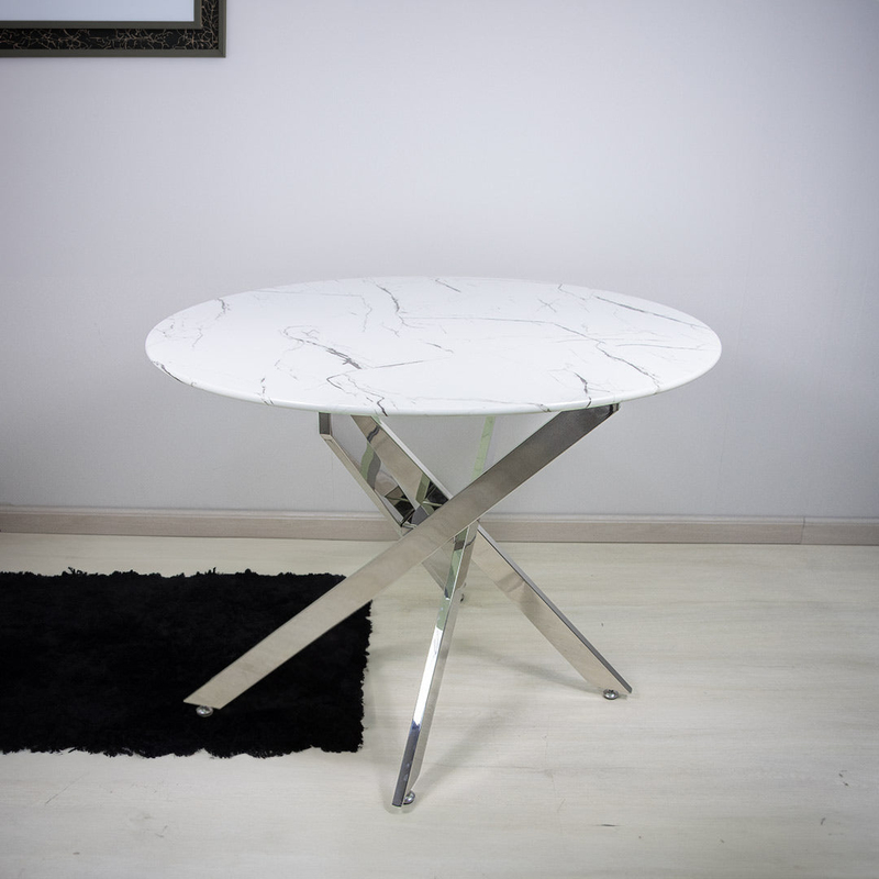 Vanity Living Dining Table With Wooden Marble Effect Top, White