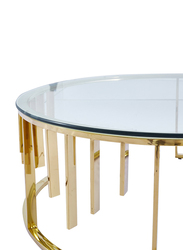 Vanity Living Tropea Round Coffee Table with Clear Tempered Glass Top Centre and Stainless Steel Base, 97cm, Gold