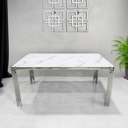 Vanity Living Large Dining Table With Artificial Marble Top, Silver