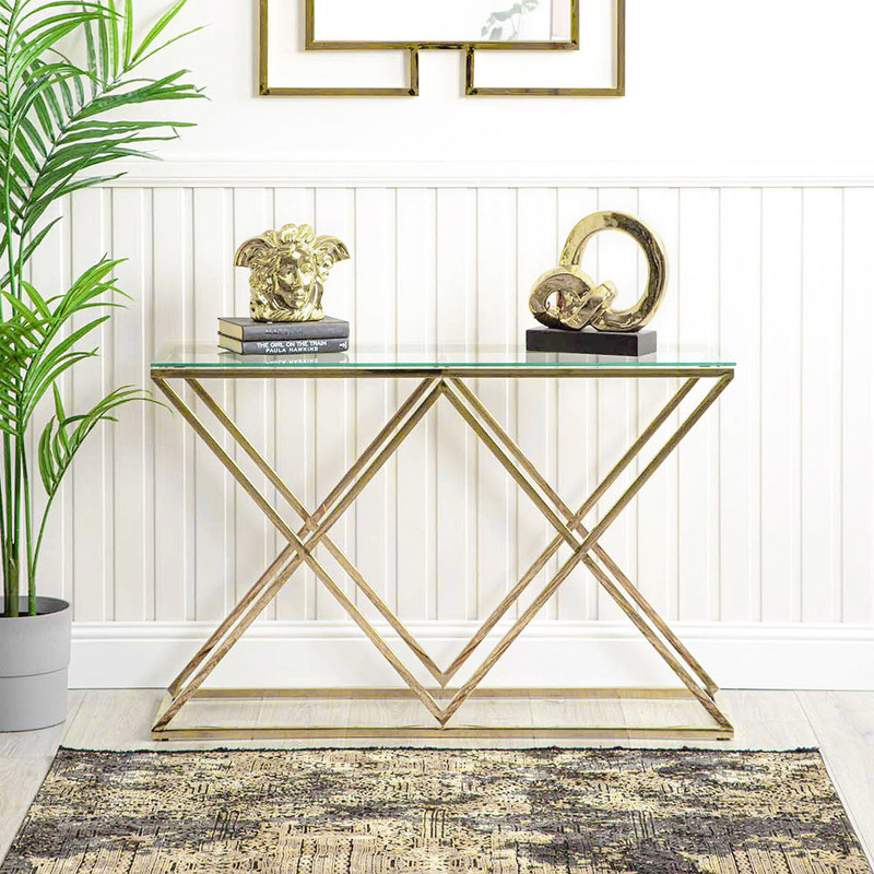 Vanity Living Porto Modern Tempered Glass Top with Sturdy Stainless Steel Frame Console Table, Gold