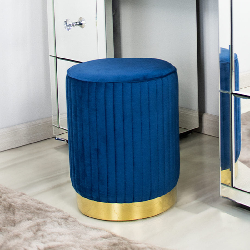 Vanity Living 42cm Modern Tall Round Velvet Dressing Ottoman with Gold Stainless Steel Base for Living Room Furniture, Blue/Gold