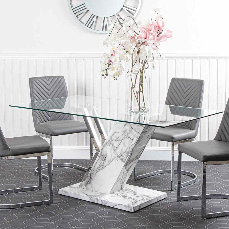 

Vanity Living 127cm Marble Finish Glass Tabletop & Metallic Base Breakfast Modern Dining Room Dinner Table, Clear