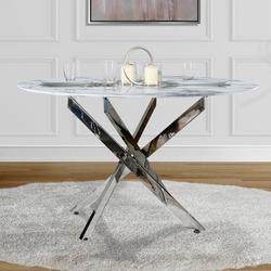 Vanity Living Dining Table With Wooden Marble Effect Top, White