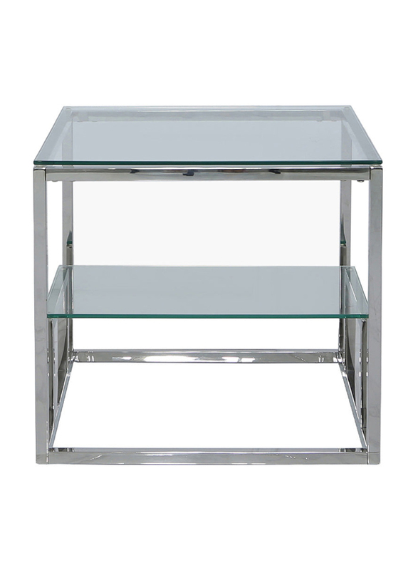 Vanity Living Lazzaro Large Tempered Glass Tabletop and Modern 2-Tier Sturdy Stainless Steel Frame Accent Side Table, Chrome