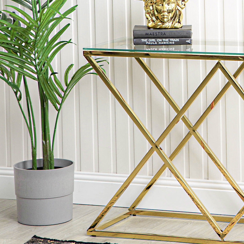 Vanity Living Porto Modern Tempered Glass Top with Sturdy Stainless Steel Frame Console Table, Gold