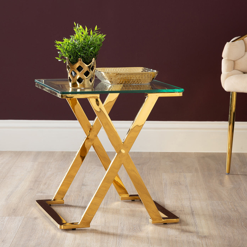 Vanity Living Nerano Side Table with Tempered Glass Top End Table and Stainless Steel Frame, 40cm, Gold