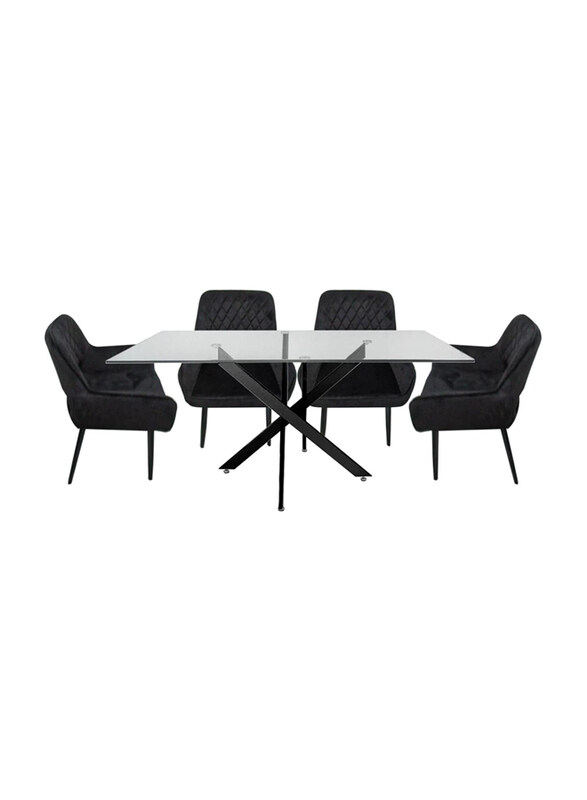 

Vanity Living 7-Piece Large Modern Davos Black Frame and Clear Glass Top Dinner Breakfast Dining Table Set, Black