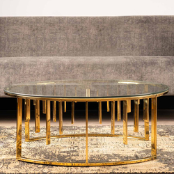 Vanity Living Tropea Round Coffee Table with Clear Tempered Glass Top Centre and Stainless Steel Base, 97cm, Gold