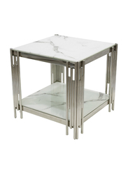 Vanity Living Side Table Artificial White Marble Glass Top End Table Sofa Table With Stainless Steel Base, Silver