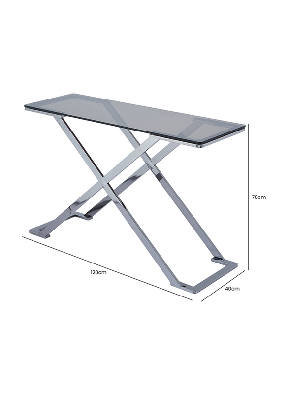 Vanity Living Nerano Stainless Steel Frame and Tempered Glass Top Console Table, 120cm, Silver