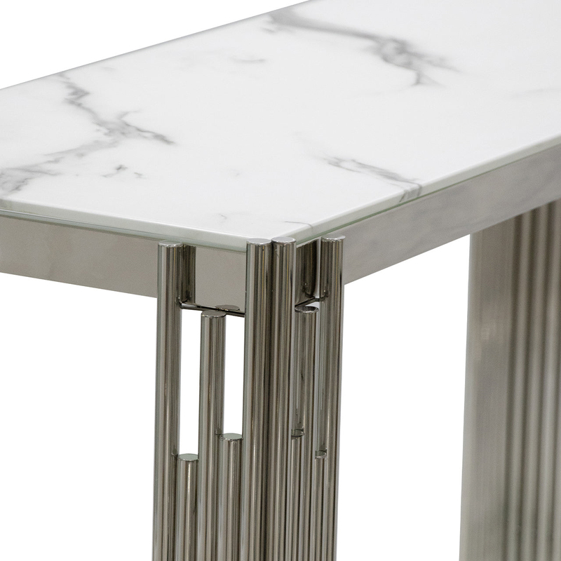 Vanity Living Console Table With Chrome Stainless Steel Base And Artificial White Marble Glass Top, White