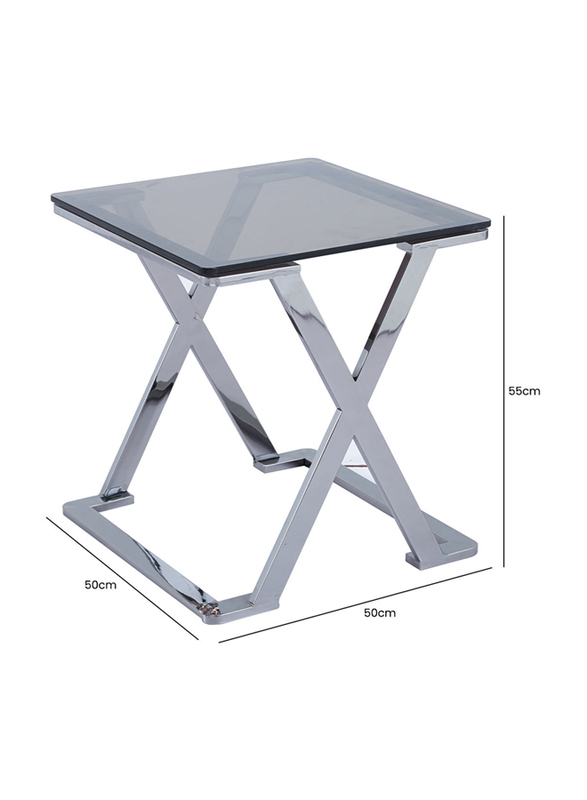 Vanity Living Nerano Side Table with Smoked Glass Top End Table and Stainless Steel Frame, 55cm, Silver