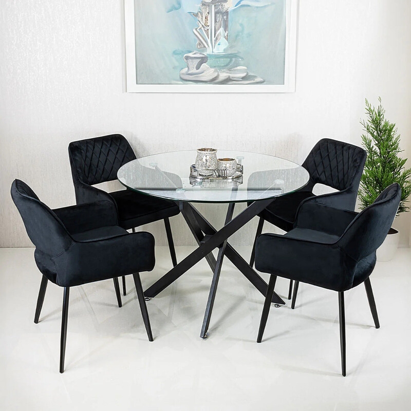 

Vanity Living Round Glass Top Dining Table with 4-Modern Davos Stainless-Steel Frame Velvet Dining Chairs Set, Black/Clear