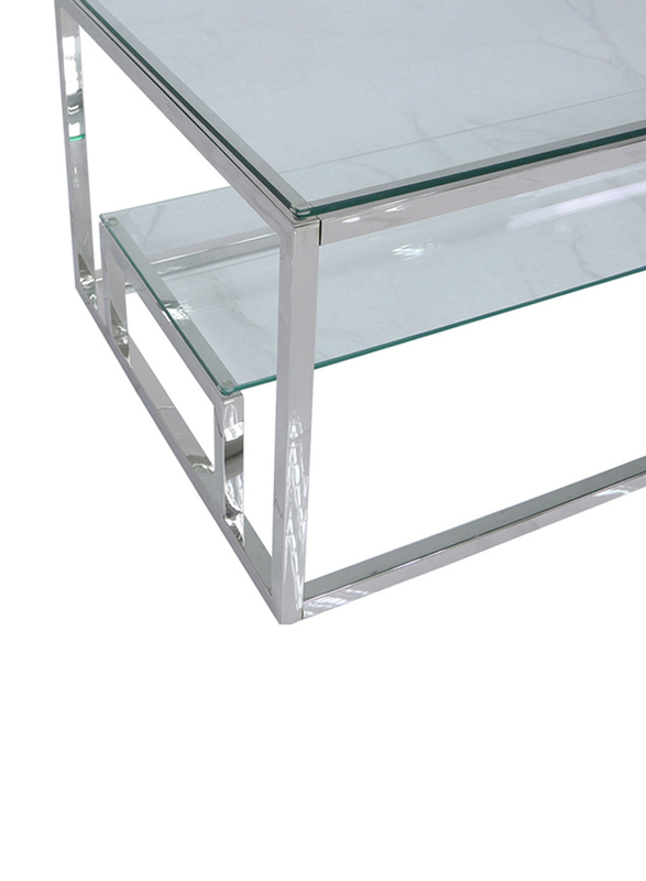 Vanity Living Coffee Table with 2-Tier Modern Tempered Glass Tabletop and Lazzaro Sturdy Stainless Steel Frame, Chrome